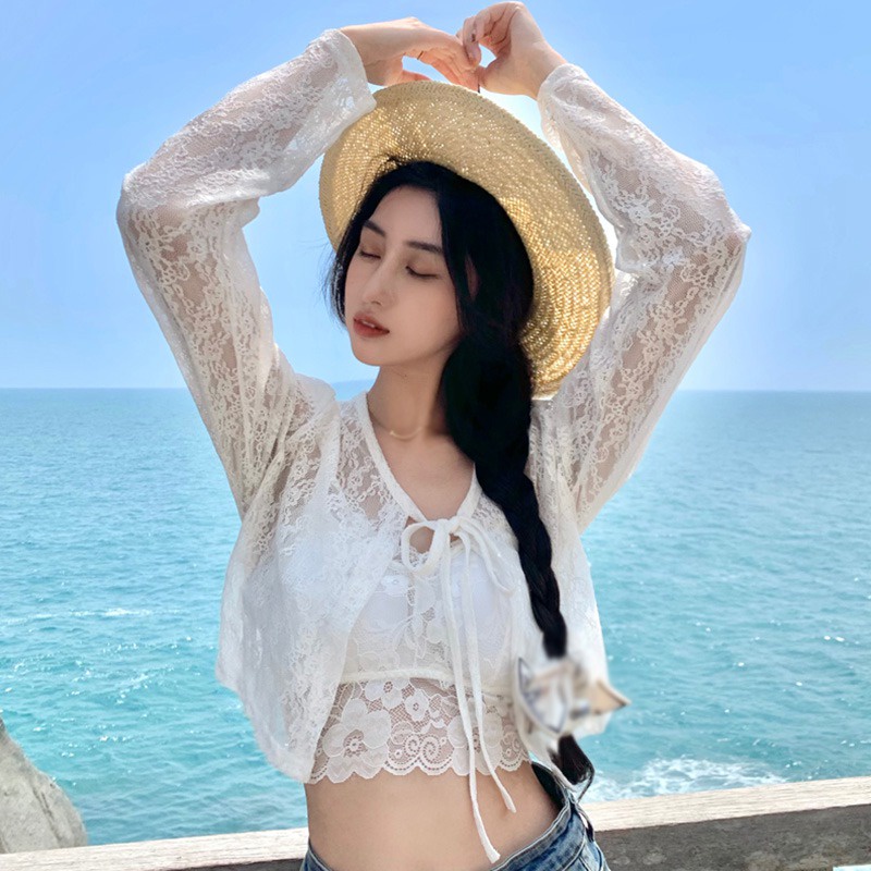 Áo Khoác Cardigan Tay Dài Phối Ren Chống Nắng