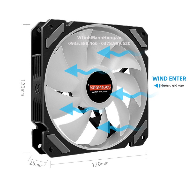 Quạt CoolMoon X5 - Fan CoolMoon X5, Led RGB 12cm, 6 pin, 1200rpm, đồng bộ hub CoolMoon.