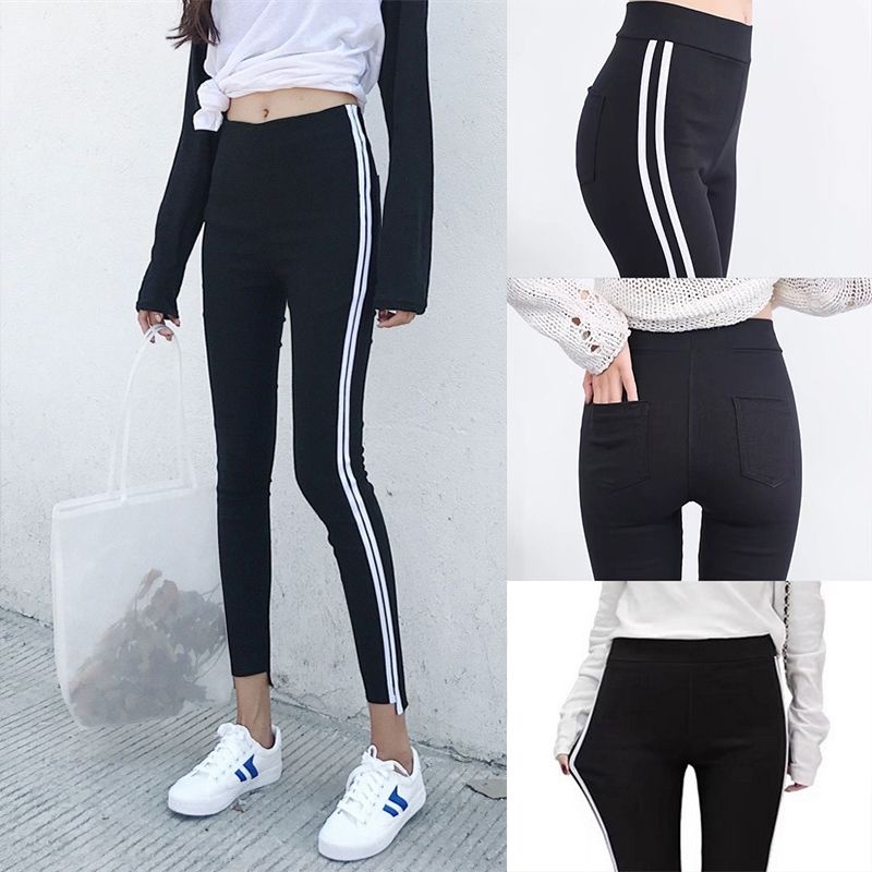 Quần legging lưng cao họa tiết kẻ sọc thời trang