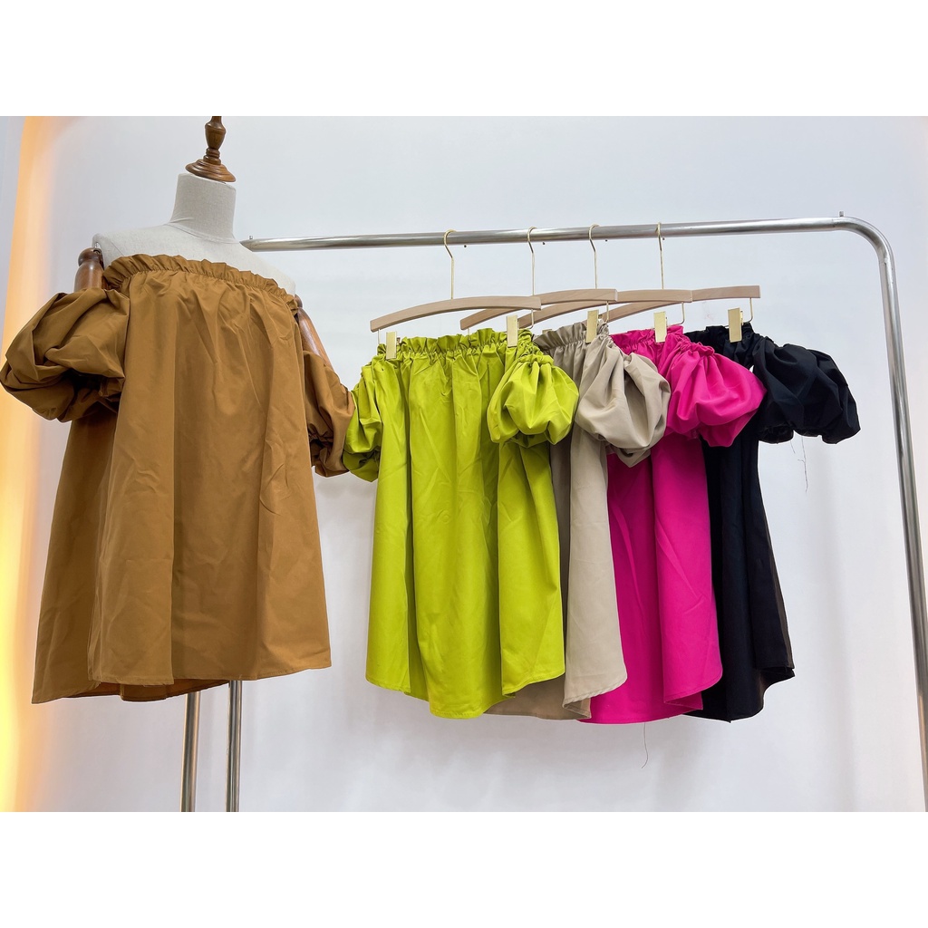 Áo váy trễ vai tay bồng tiểu thư- Đầm babydoll hở vai dáng xòe về 4 màu trắng đen hồng nâu xanh cốm phong cách ulzzang