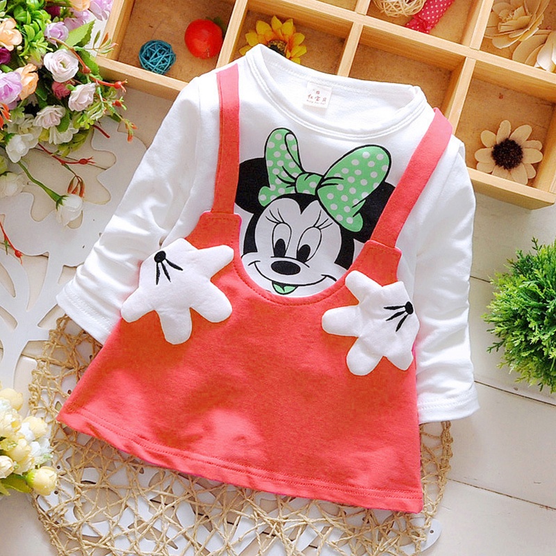 Set Áo Thun Tay Ngắn In Hình Chuột mickey + Chân Váy Xòe Cho Bé Gái akku