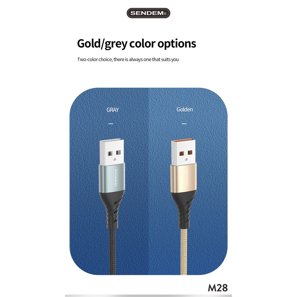 Cáp sạc nhanh Sendem M28 6A bọc dù dài 1M Chân TypeC MICRO