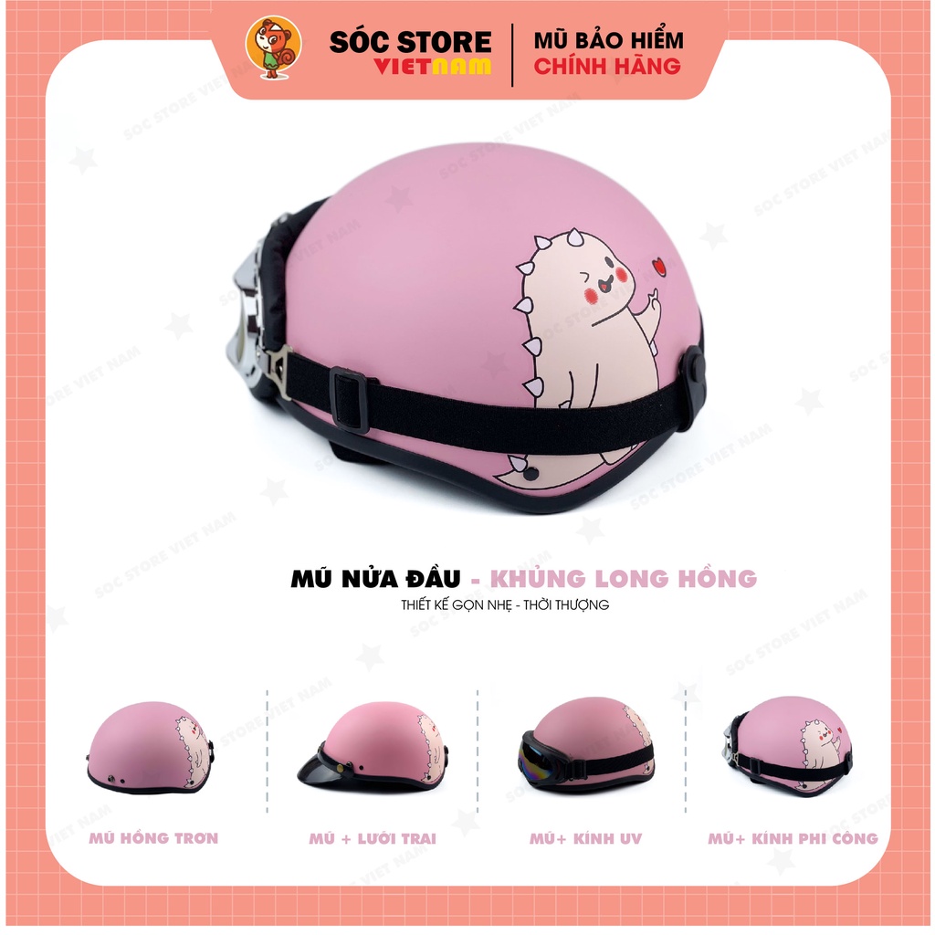 Mũ bảo hiểm nửa đầu 1/2 in hình Khủng long hồng kính phi công Sóc Store Vietnam, nón bảo hiểm 1/2 khủng long màu hồng