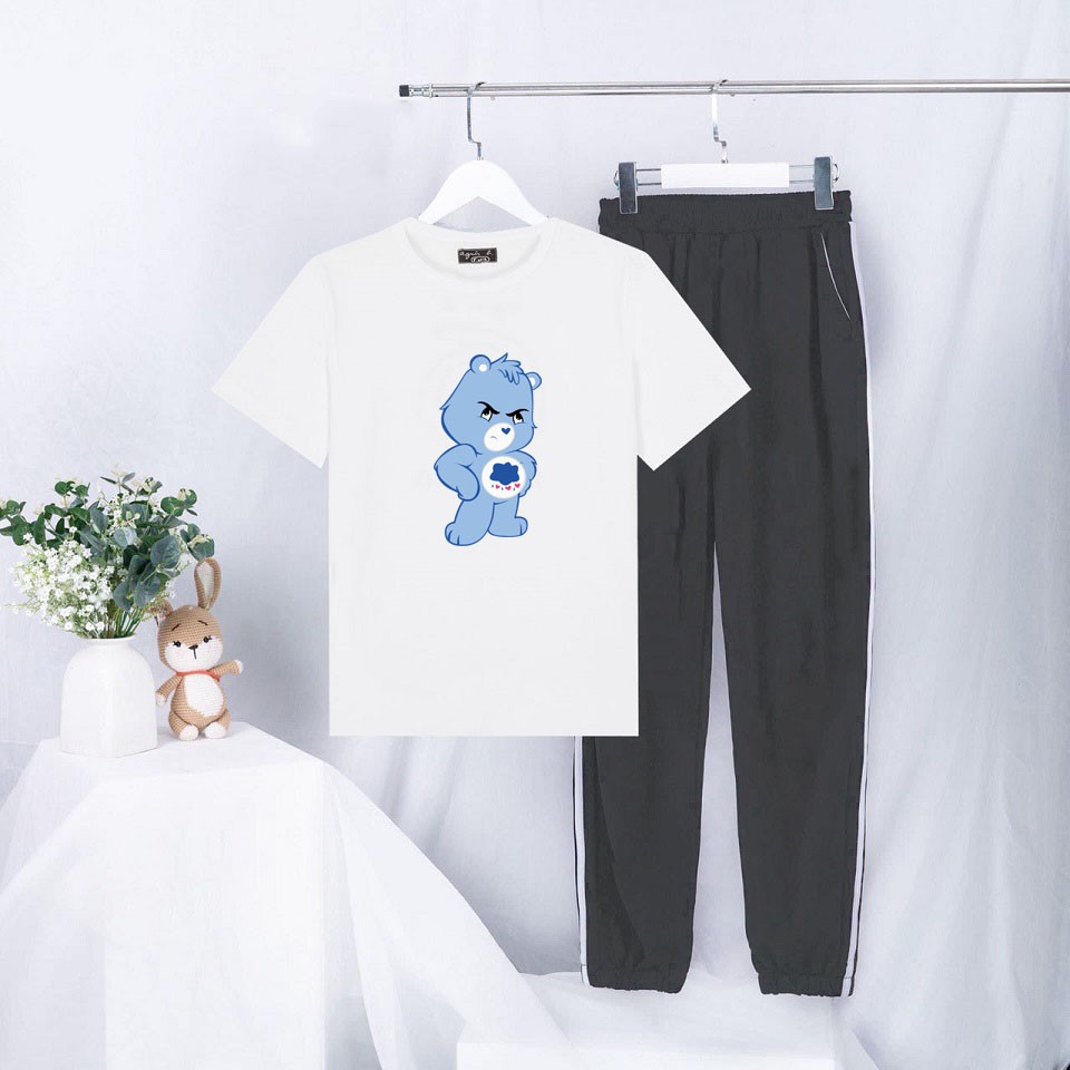 Set Bộ Đồ Nam Nữ Mùa Hè Trẻ Trung Mặc Đi Chơi Đi Học, Áo Phông Ngắn Tay Cotton In Gấu Xanh Kèm Quần Dài Thun Sọc Bo Gấu