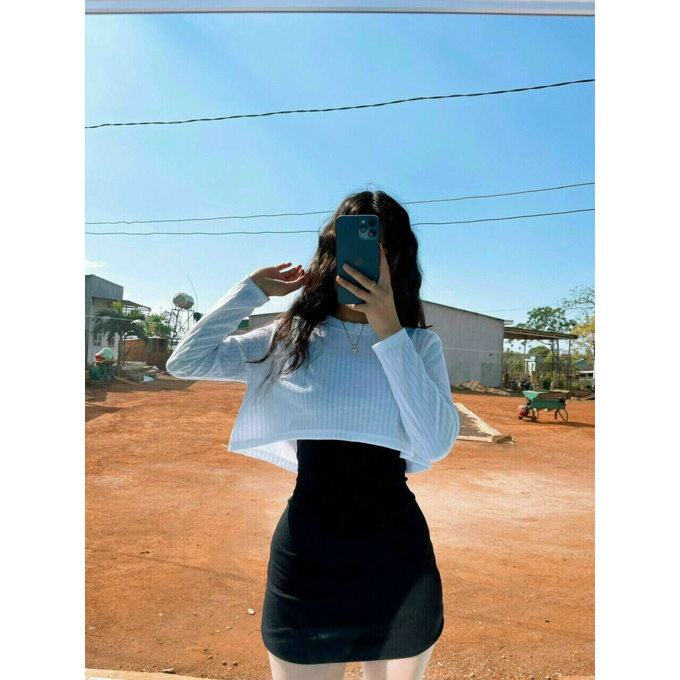 [ Miễn phí ship 2022 ] Đầm nữ 2 dây kèm áo croptop trắng tay dài, set đầm đen ôm body đi chơi dạo phố tôn dáng