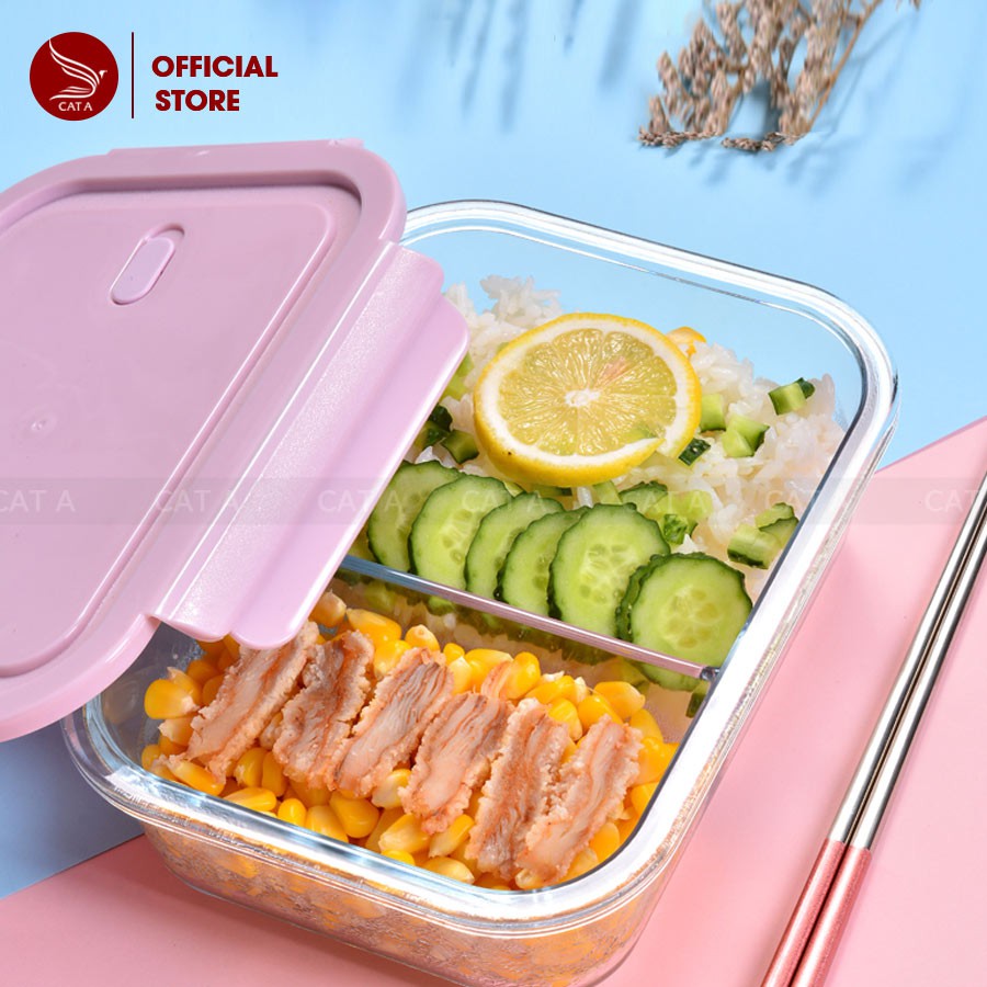 Hộp Cơm Thủy Tinh Chia Nhiều Ngăn CÁT Á Có túi đựng, đũa thìa - Nhỏ gọn tiện lợi, mang đi muôn nơi