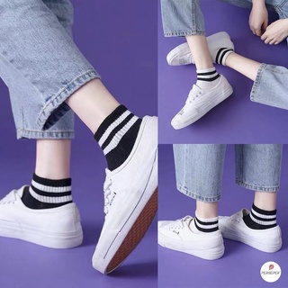 Tất nam nữ cổ ngắn kẻ trắng đen basic