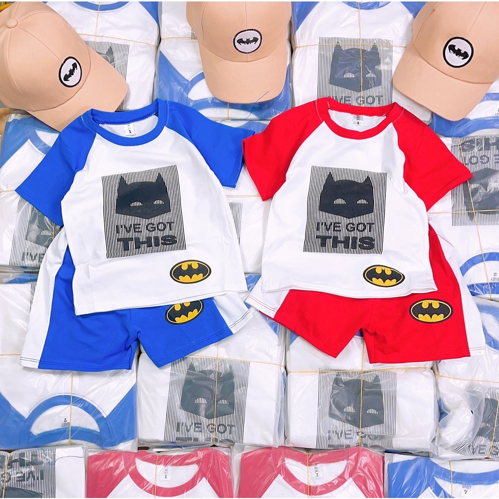 Bộ cộc tay bé trai TẶNG KÈM MŨ, Sét cộc tay chất cotton họa tiết Batman kèm mũ lưới trai