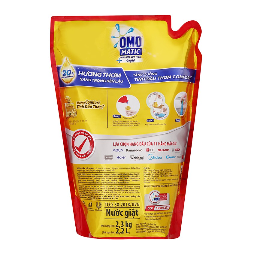 Nước giặt OMO Matic cửa trên comfort tinh dầu thơm túi 1.9 lít