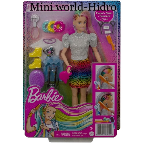 Búp bê Barbie cầu vồng chính hãng kèm Set đồ phụ kiện cực xinh. Barbie Leopard Rainbow Hair Doll (Blonde) with Color