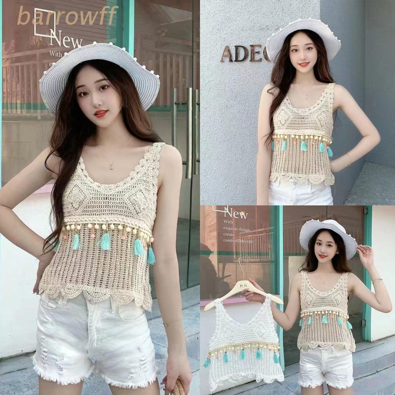 Brroa Áo Vest Dệt Kim Thủ Công Dáng Rộng Khoét Rỗng Phối Tua Rua Viền Gợn Sóng Cho Nữ Ta