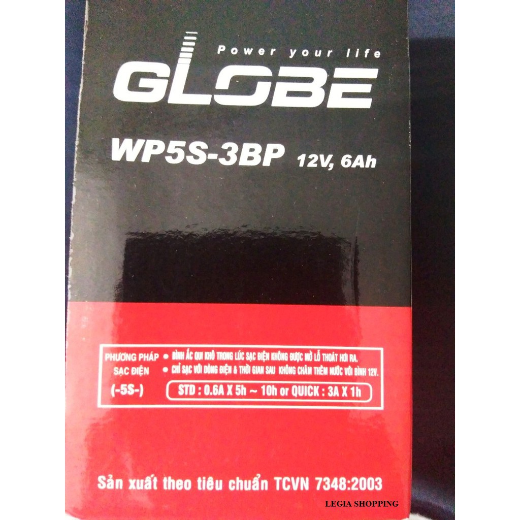 BÌNH ẮC QUI XE MÁY 6Ah WP5S hiệu GLOBE gắn xe Dream - Wave - Sirius - Jupiter - Viva