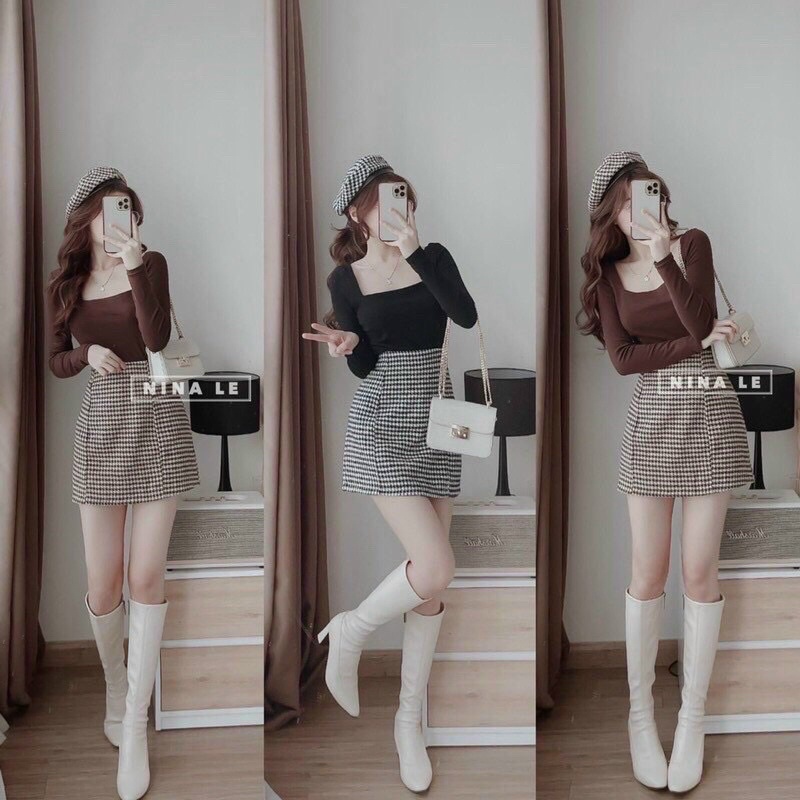 Set áo thun gân tay dài mix chân váy A caro