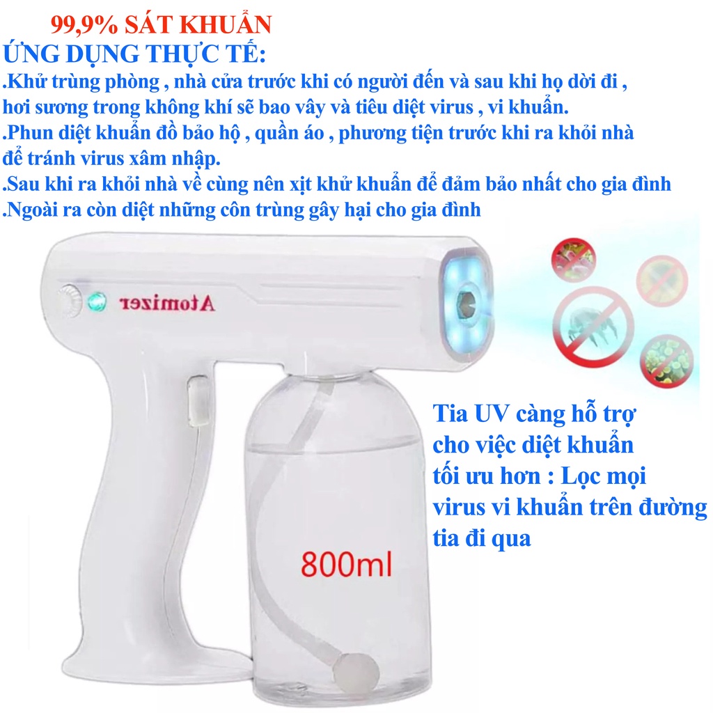Máy Phun Sương Khử Khuẩn Diệt Khuẩn Không Dây Atomizer Chống Vi Khuẩn Virut Dung Tích 800ML, Súng Phun sát Trùng | BigBuy360 - bigbuy360.vn