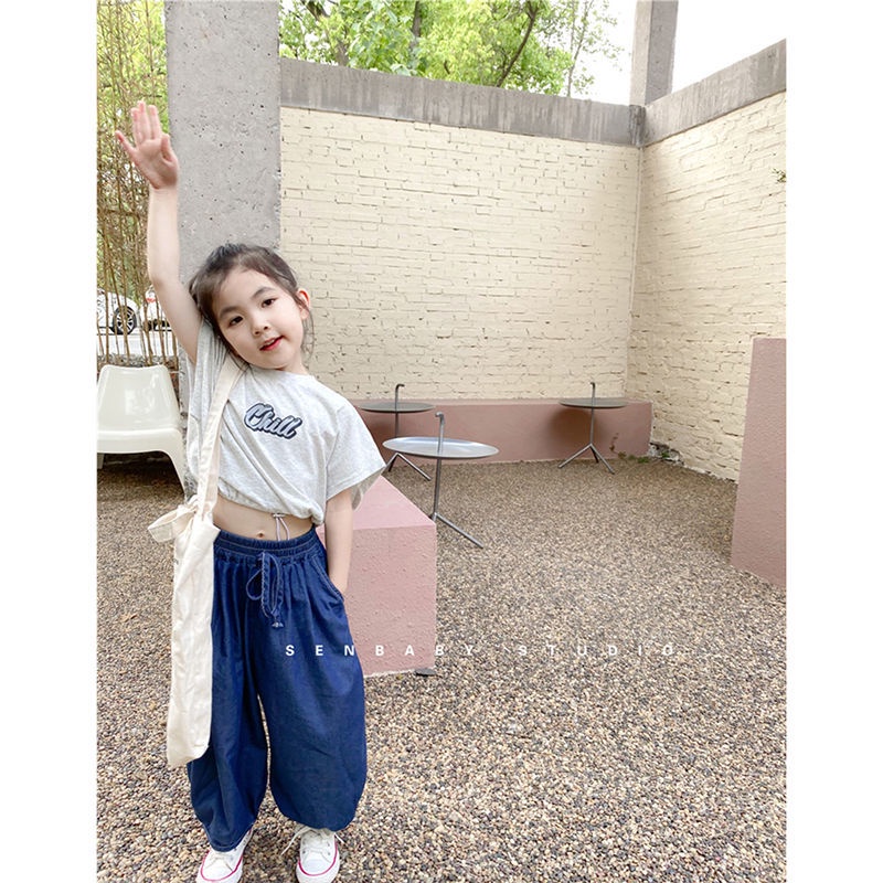 Bộ Áo Thun Tay Ngắn Và Quần Denim Cotton Dáng Rộng Thoải Mái Phong Cách Hàn Quốc Cho Bé Gái