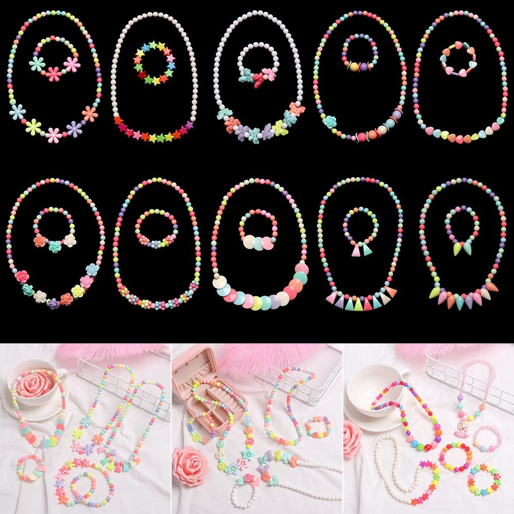 Set vòng tay vòng cổ xỏ chuỗi bằng hạt nhựa nhiều màu làm thủ công dùng làm quà tặng cho bé gái