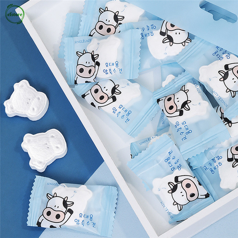 [Hàng mới về] 50 Khăn lau mặt dạng nén dùng một lần bao bì in hình bò sữa dễ thương