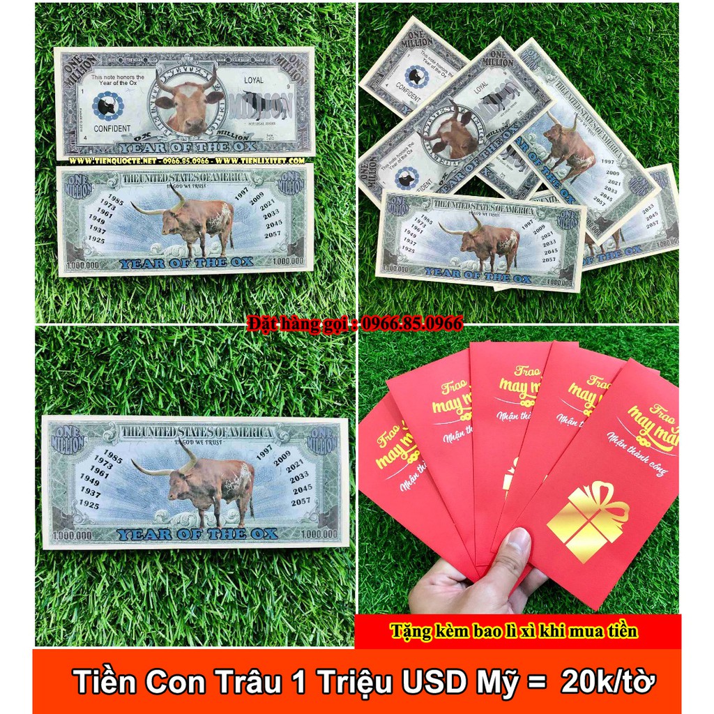 [Combo 2] Tiền lì xì tết 2021 Tân Sửu Tờ tiền 1 triệu đô in hình con trâu gây sốt Tết 2021 đi cùng phong bao đỏ xịn sò