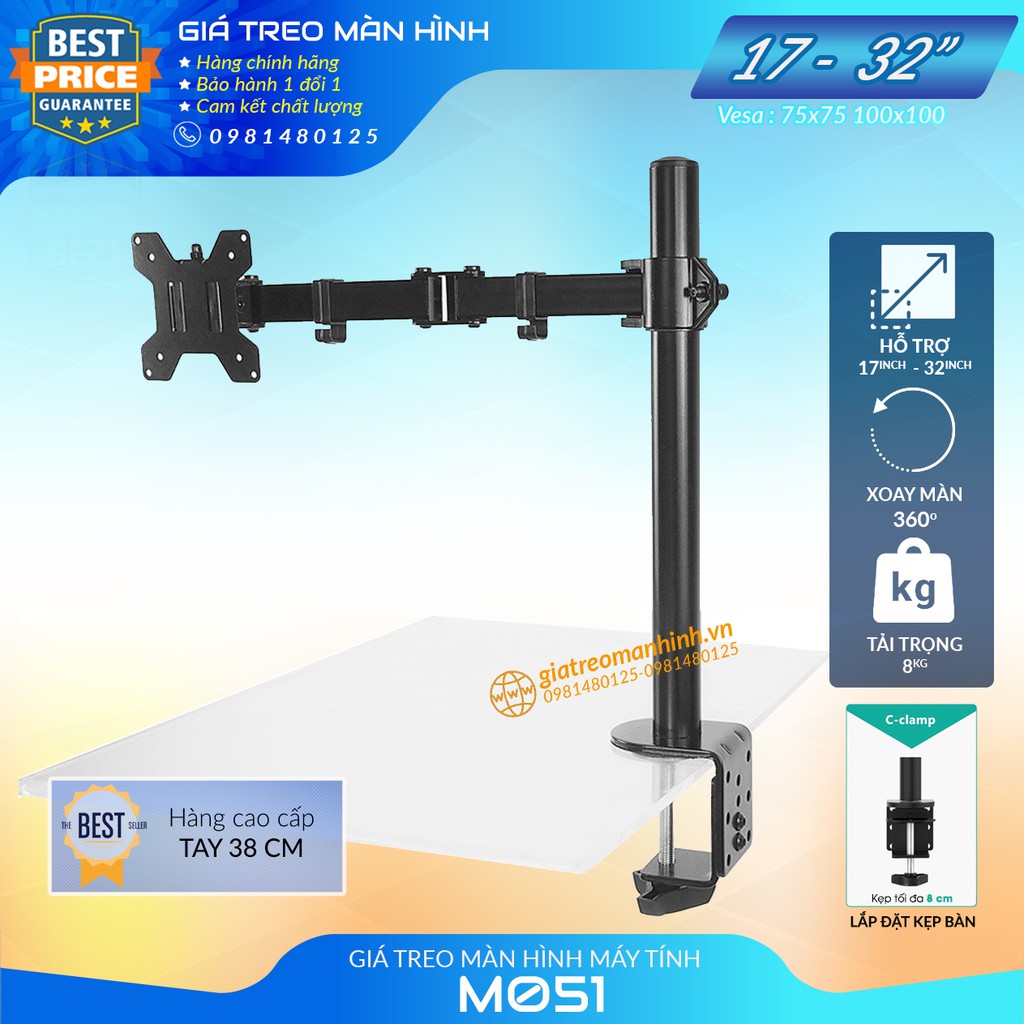 Giá Treo Màn Hình M051 Tay 38 Cm - Hàng Cao Cấp 17-32 Inch / Tải Trọng 8Kg  - Lắp Đặt Kẹp Bàn