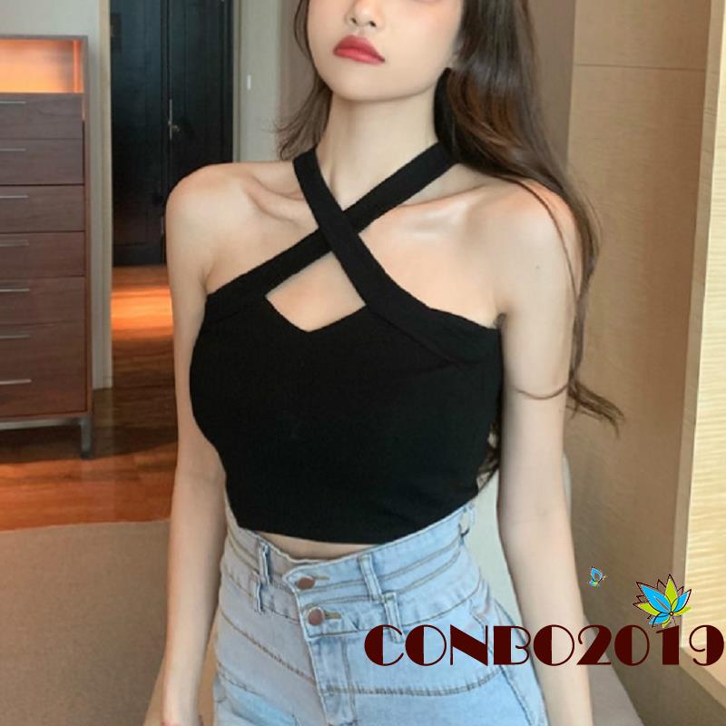 HGM-Women Casual Close-fitting Crop Tops, Solid Color Off-the-shoulder Sleeveless Tank Tops