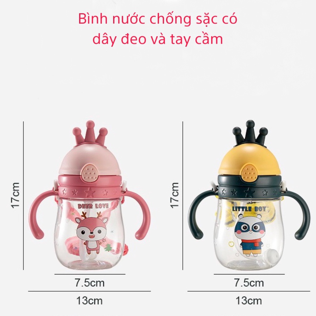 Bình nước tập hút, bình nước chống sặc 300ml nắp Vương miện tặng dây đeo cao cấp