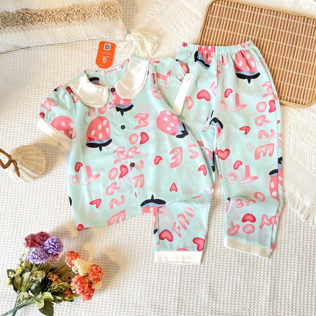 Bộ  Pijama Vải Mango Cộc Quần  Dài  Tay Bồng Tiểu Thư Cho Bé Gái