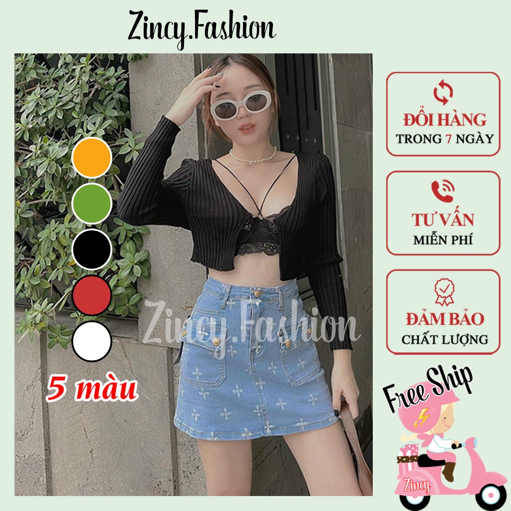 Áo khoác cardigan tay dài phối dây xích ngực chất thun len gân Áo croptop sexy thời trang