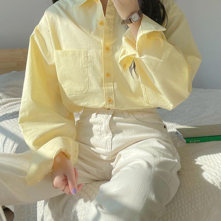 Áo Sơ Mi Nữ Tay Dài Màu Vàng Kem Phong Cách Pháp Ngọt Ngào