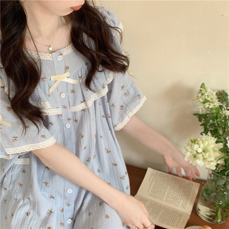 Bộ Pyjama nữ chất đũi thô nữ tính, nhẹ nhàng mặc nhà thoải mái- Bộ ngủ nữ cộc tay cao cấp