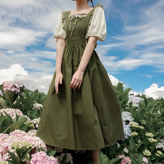 Đầm lolita Nhật Bản Tay Lửng Cổ Vuông Màu Xanh Lá Sơn Dầu Dễ Thương Cho Học Sinh