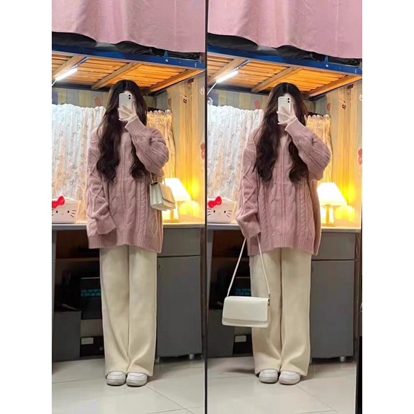 Áo len cổ chữ Y màu xanh ghi trắng hồng dài tay basic phom rộng chất đẹp loại 1 phong cách Ulzzang Hàn Quốc