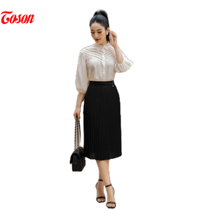 Áo sơ mi be kem tơ gân, cổ Đức, ngực can ren chữ V Toson 12980Y62