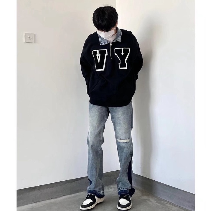 Quần jean ôm unisex quần jean rách gối retro thời trang quần jean hip hop phong cách Hàn Quốc simple quần jean nam cao cấp from rộng quần bò nữ