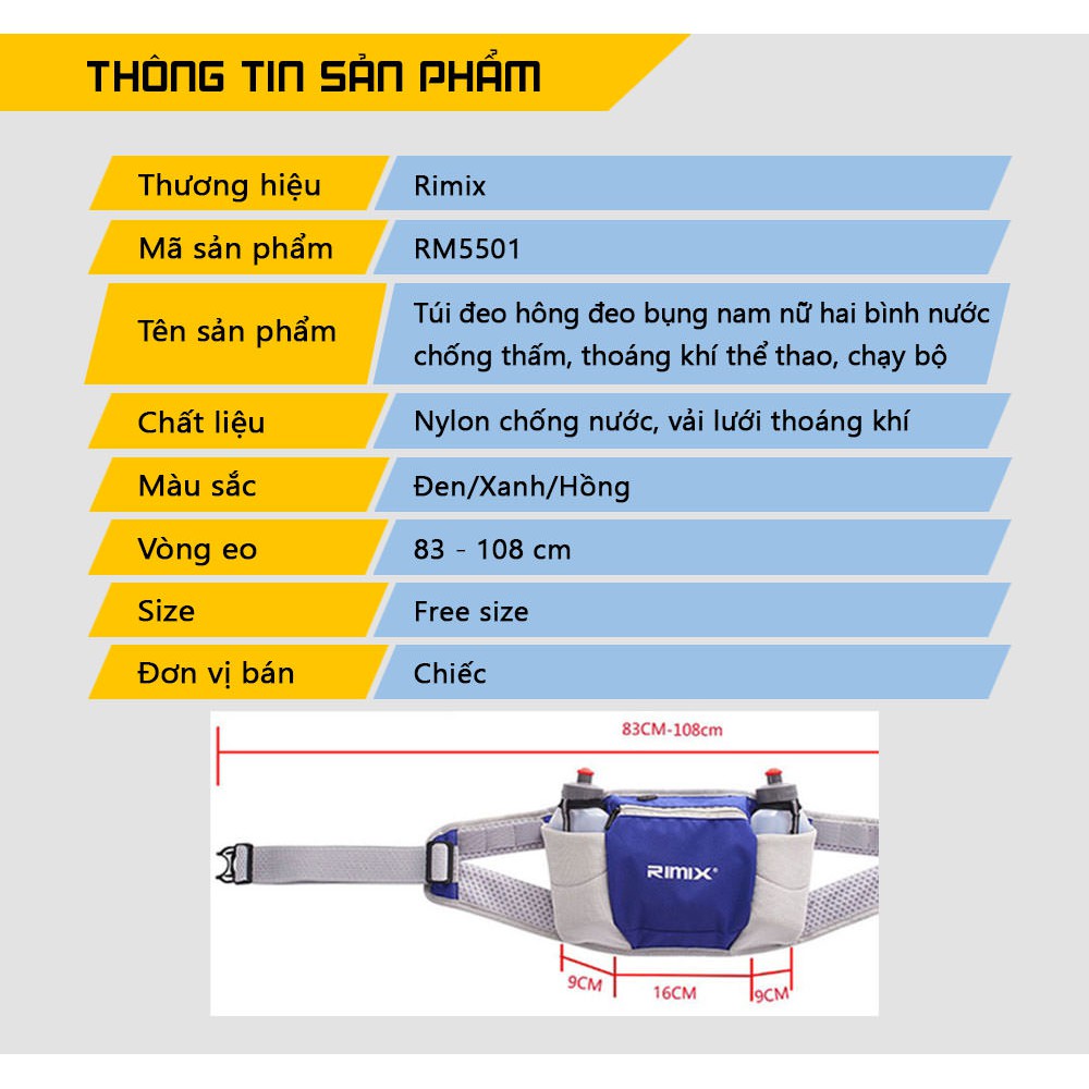 Túi đeo hông đeo bụng nam nữ hai bình nước  chống thấm, thoáng khí thể thao, chạy bộ Rimix RM2201