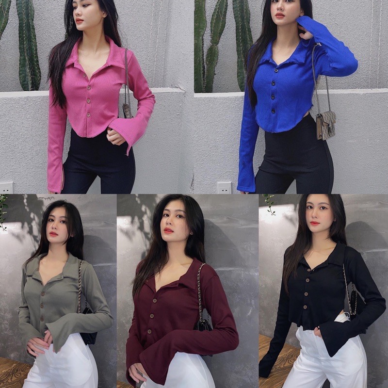 Áo Croptop Polo Nút Tà Bầu Cổ Bẻ Basic Siêu Xinh