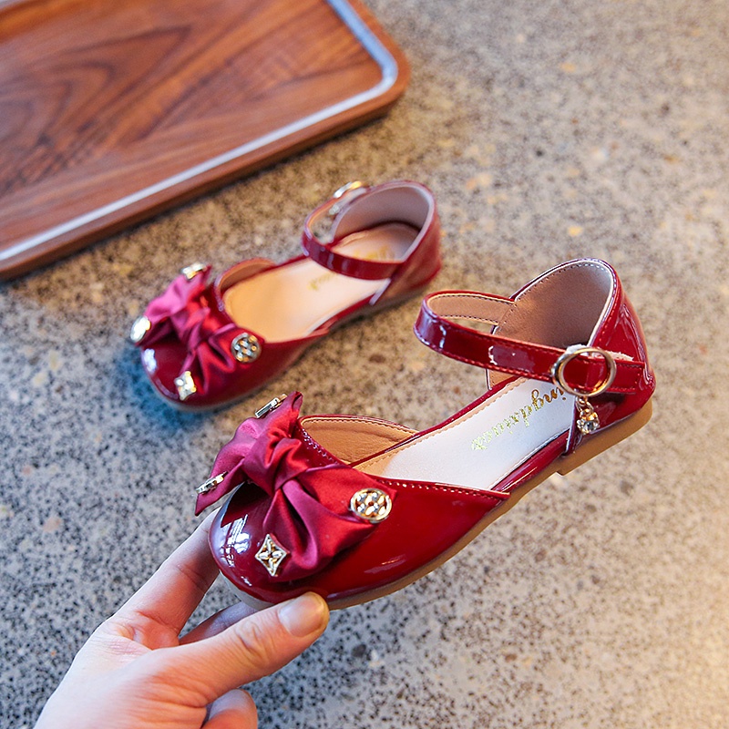 Xăng đan Da Đế Bằng Phối Nơ Thanh Lịch Cho Bé Gái 3-16 Tuổi