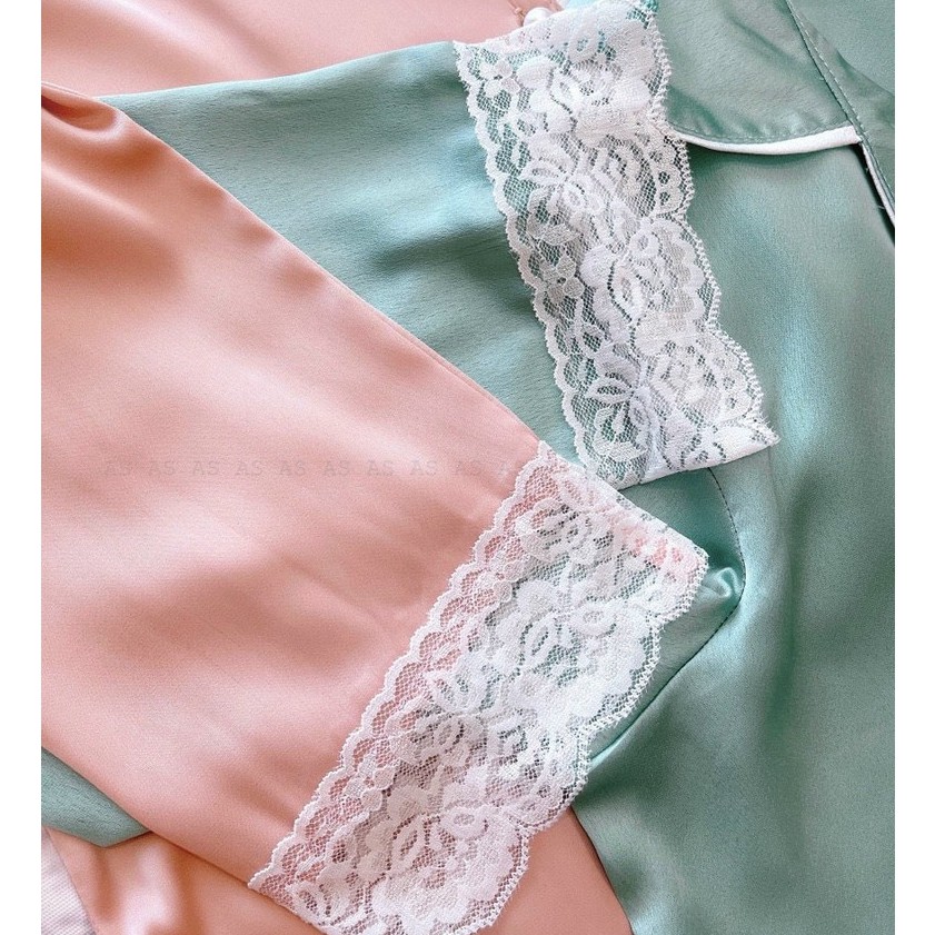 set bộ lụa pha ren gấu áo dài tay quần dài kèm bịt mắt 2 màu hồng xanh | BigBuy360 - bigbuy360.vn