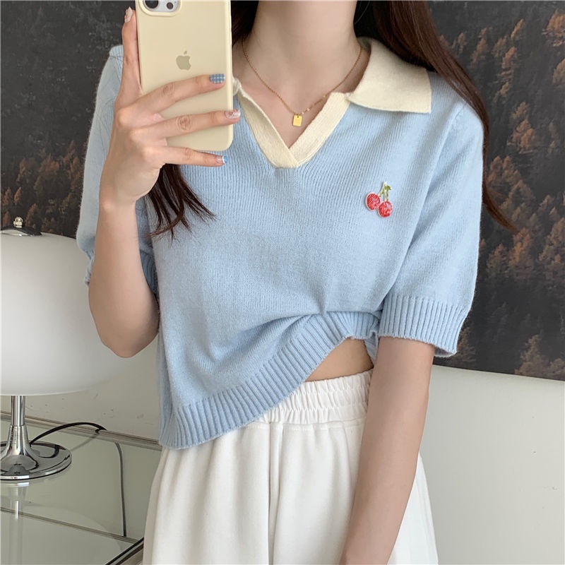 Áo Thun Polo Dệt Kim Tay Ngắn Màu Sắc Tương Phản Phong Cách Hàn Quốc 174855 Áo Dáng Ôm Dễ Phối Đồ Hợp Thời Trang