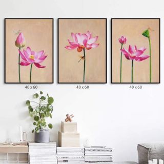 Bộ 3 tranh canvas hoa sen hồng 40x60 kèm khung