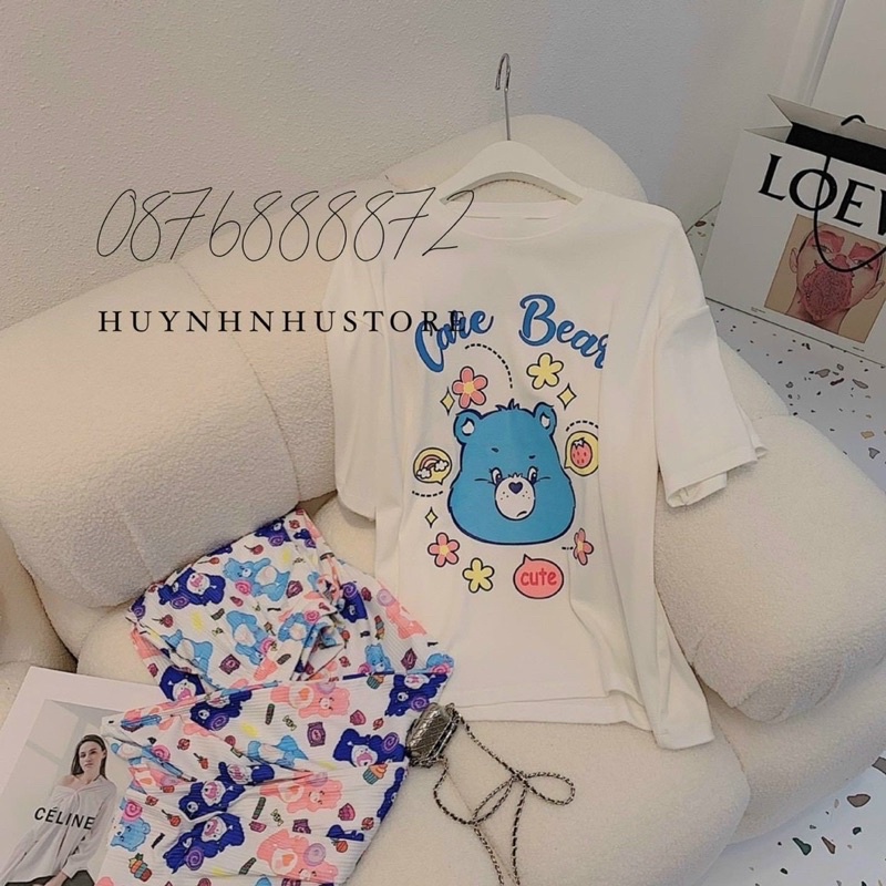 Set áo cotton quần suông gân gấu xanh xinh xắn O1