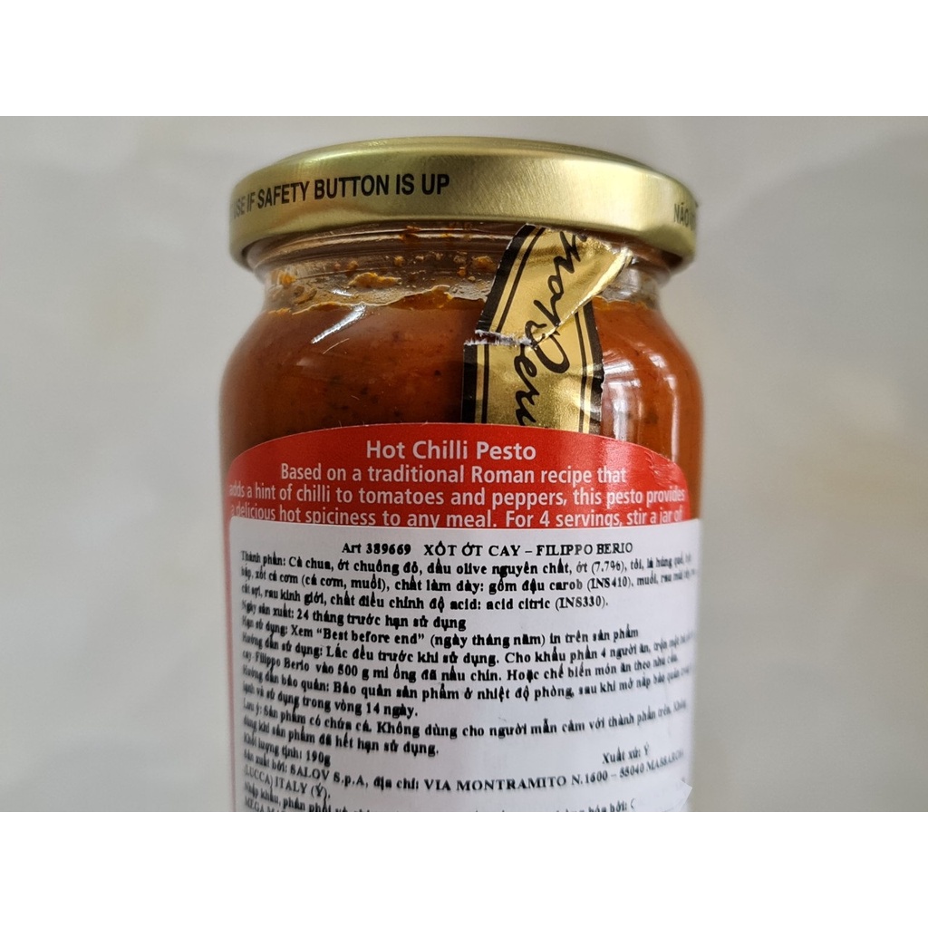 [Lọ ĐỎ 190g - HOT CHILLI] XỐT PESTO LÁ HÚNG QUẾ ỚT CAY [Italia] FILIPPO BERIO Hot Chilli Pesto