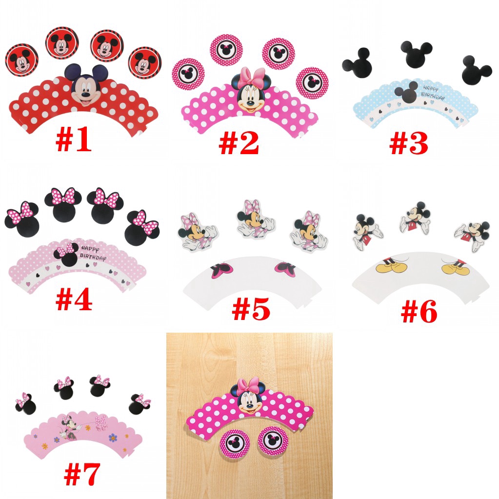 Set 24 Phụ Kiện Màng Bọc Và Topper Trang Trí Bánh Cupcake Họa Tiết Chuột Mickey Minnie / Doraemon / Công Chúa Băng Giá