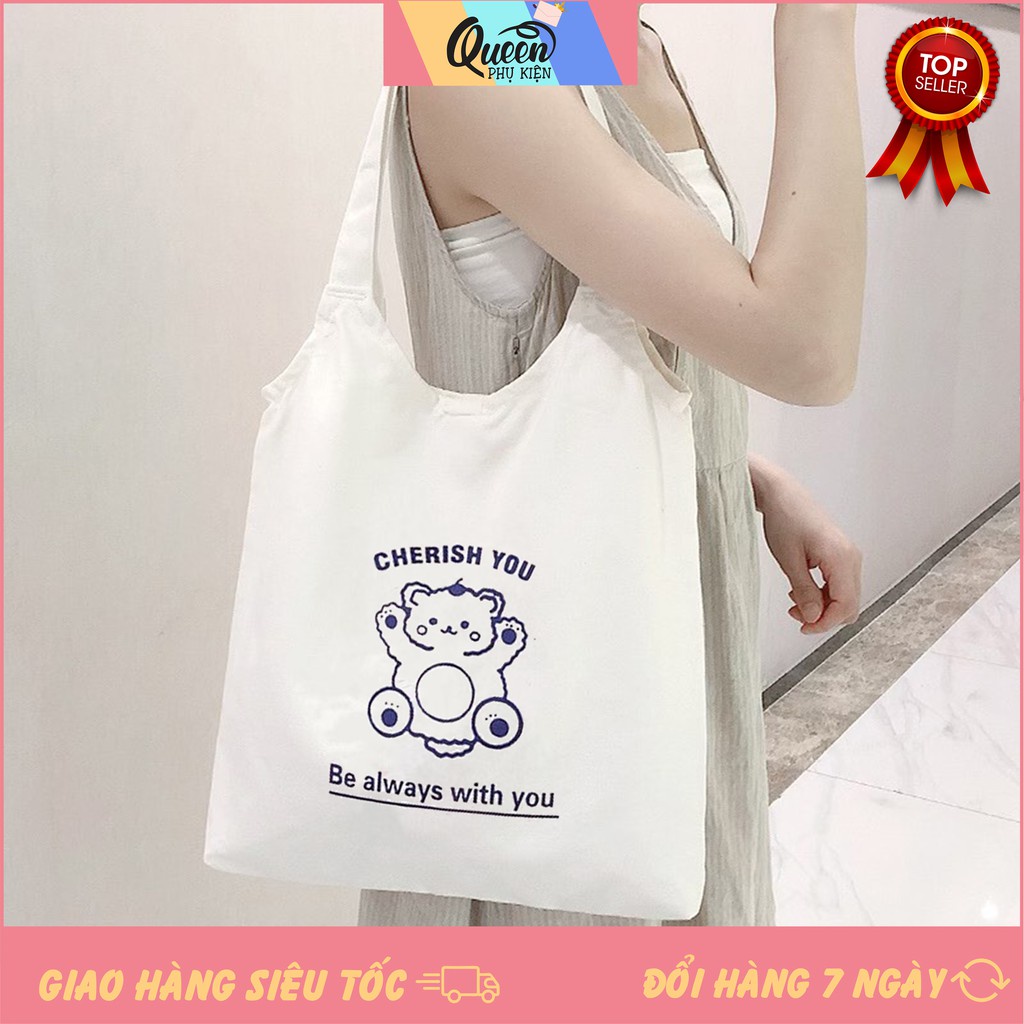 Túi Đeo Vai Tote Trắng Vải Canvas 1006 460 Gấu Cherish You Thời Trang Mùa Hè Siêu Hot
