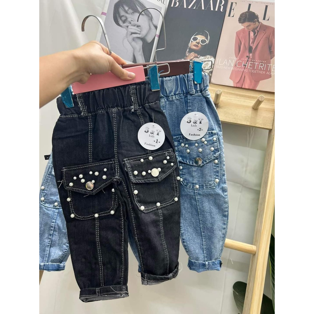 Quần jean dài túi nắp ngọc cho bé gái 7-19kg