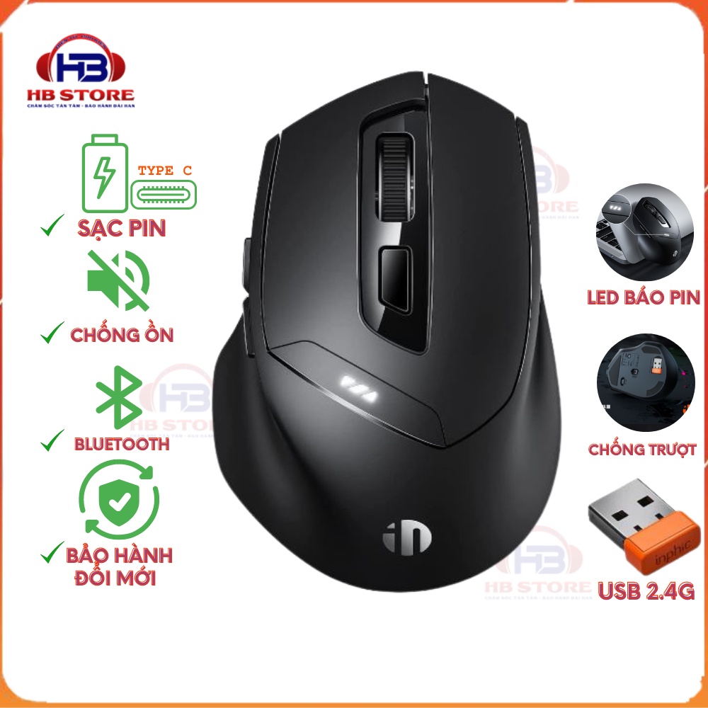 Chuột không dây inphic DR01 sạc pin chống ồn hiển thị mức pin,Chuột Bluetooth 3 chế độ dùng cho win,macb,tablet,phone