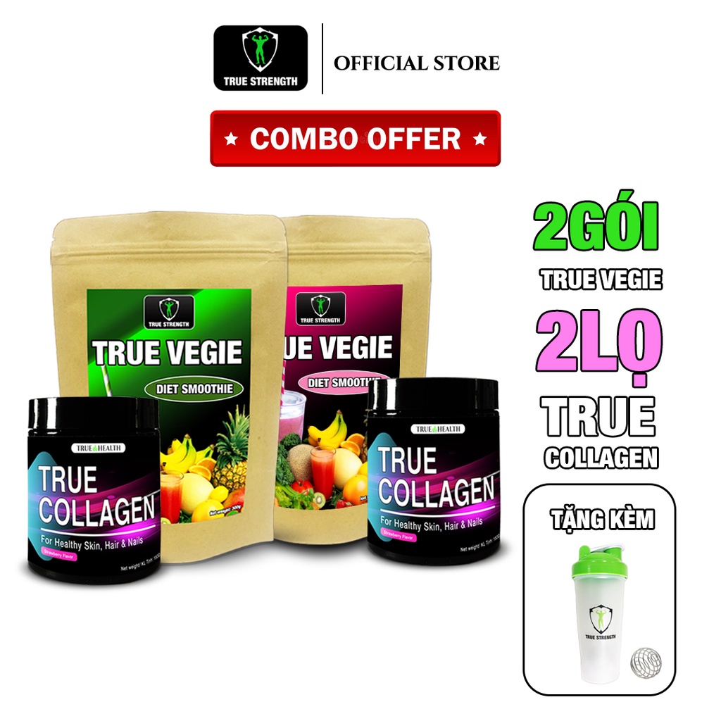 Combo Đẹp Da, Detox, Giảm Mụn 2 hũ TRUE COLLAGEN và  2 gói TRUE VEGIE - Tặng kèm bình lắc