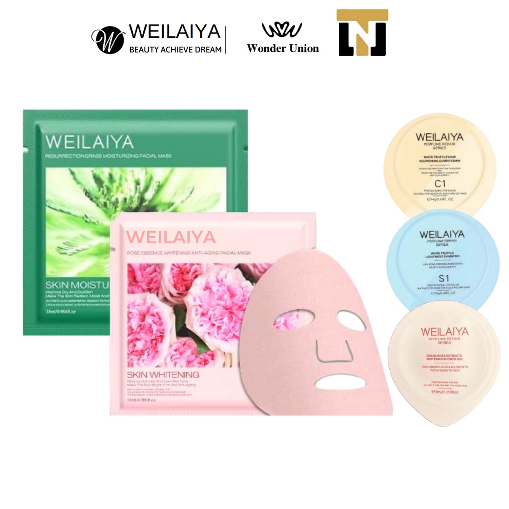 Combo Weilaiya 5 món ( 2 miếng mặt nạ 28g + Dầu Gội và Dầu xả Truffle 14ml + Sữa tắm Cánh hoa hồng 9