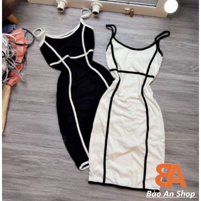 Đầm body 2 dây phối viền chất vải thun Borip FreeSIze dưới 52kg, Váy ngắn nữ ôm sexy