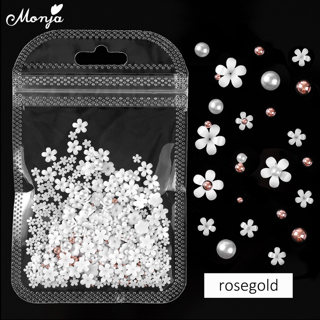 MONJA 1 Túi Hạt Cườm Hình Hoa Trắng 3D Bằng Thép Bạc / Ngọc Trai / Cánh Hoa Trang Trí Móng DIY