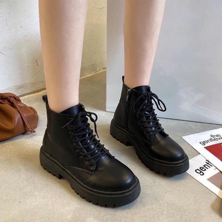 Giày Boots Ulzzang khóa kéo nữ SNU04 da PU cổ lửng đế độn 5cm đế to bự bằng đơn giản đi chơi đẹp mẫu mới buộc dây